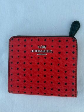 Coach Red Leather Zip Wallet with Black Polka Dots GUC